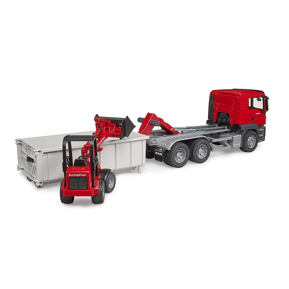 Bruder MAN TGS Truck with Roll-Off Container & Schaeff Yard Loader
