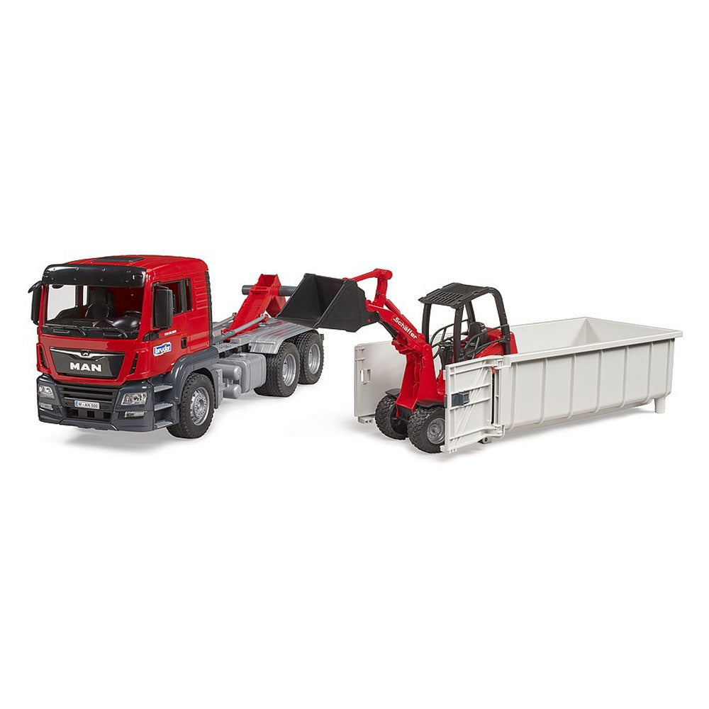 Bruder MAN TGS Truck with Roll-Off Container & Schaeff Yard Loader