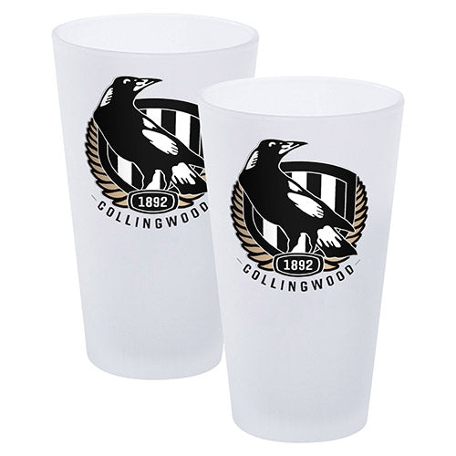 AFL SET OF 2 FROSTED CONICAL GLASSES COLLINGWOOD MAGPIES