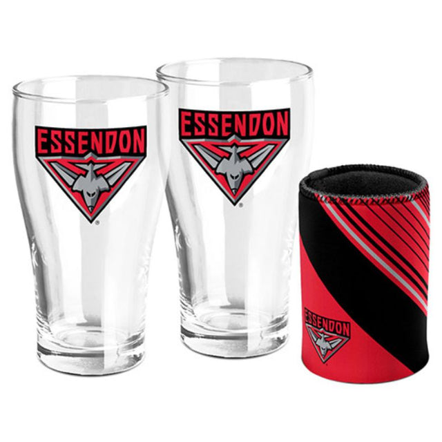 AFL SET OF 2 PINT GLASSES AND CAN COOLER ESSENDON BOMBERS
