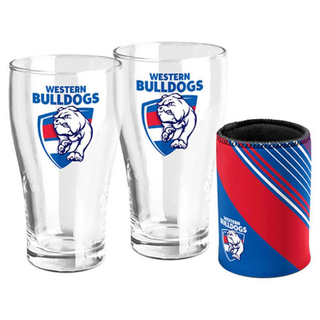 AFL SET OF 2 PINT GLASSES AND CAN COOLER WESTERN BULLDOGS