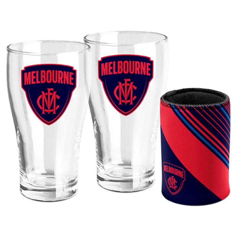 AFL SET OF 2 PINT GLASSES AND CAN COOLER MELBOURNE DEMONS
