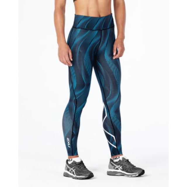 2XU WOMENS MID-RISE FULL LENGTH COMPRESSION TIGHT DRESDEN BLUE WHITE